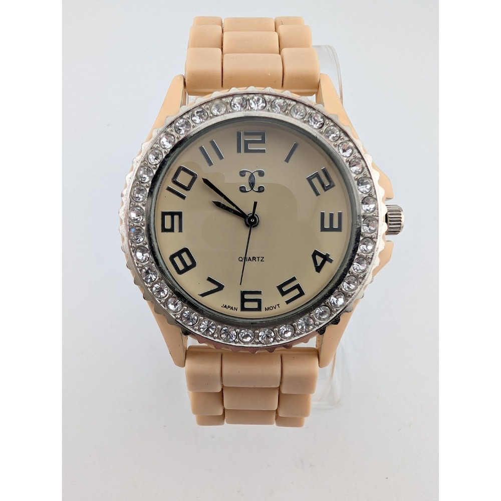 Charming Charlie Watch Women 38mm Case Rhinestones Tan Silicone Band New Battery